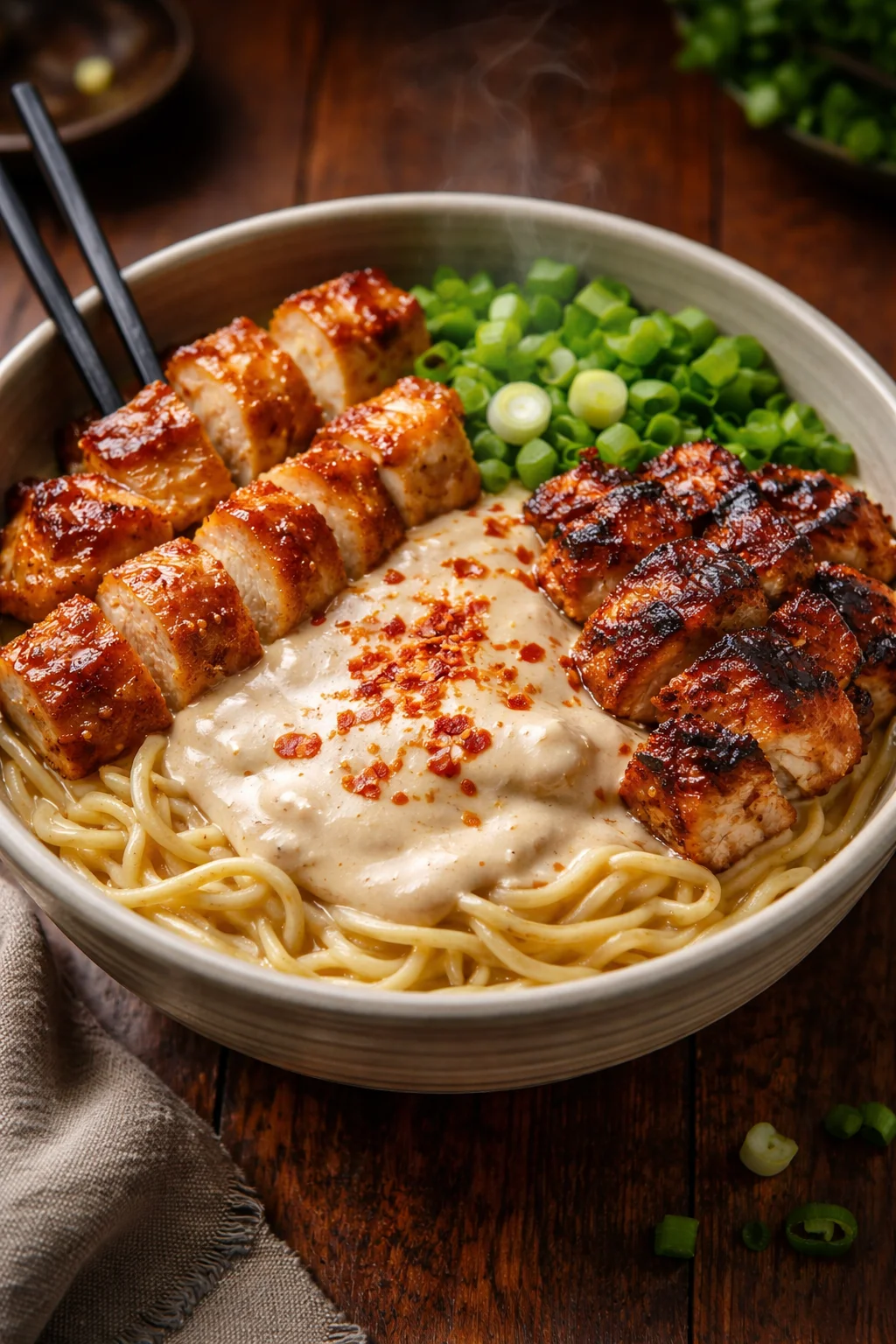 Bowl of creamy chicken ramen topped with greenery and soft-boiled egg.