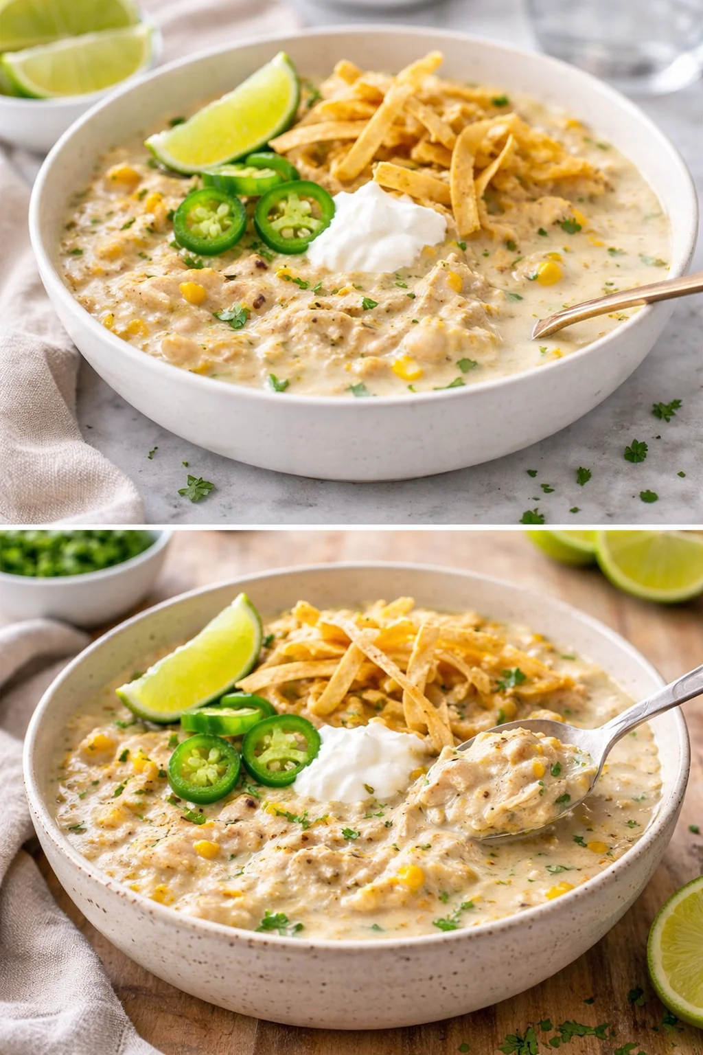 Creamy crockpot white chicken chili ingredient setup and finished dish.