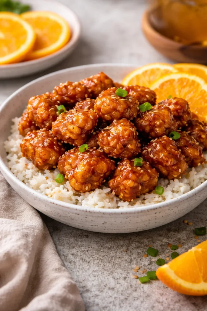 Plate of crispy orange chicken with vibrant orange sauce and sesame seeds