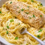 Crock Pot Angel Chicken served with creamy sauce and herbs