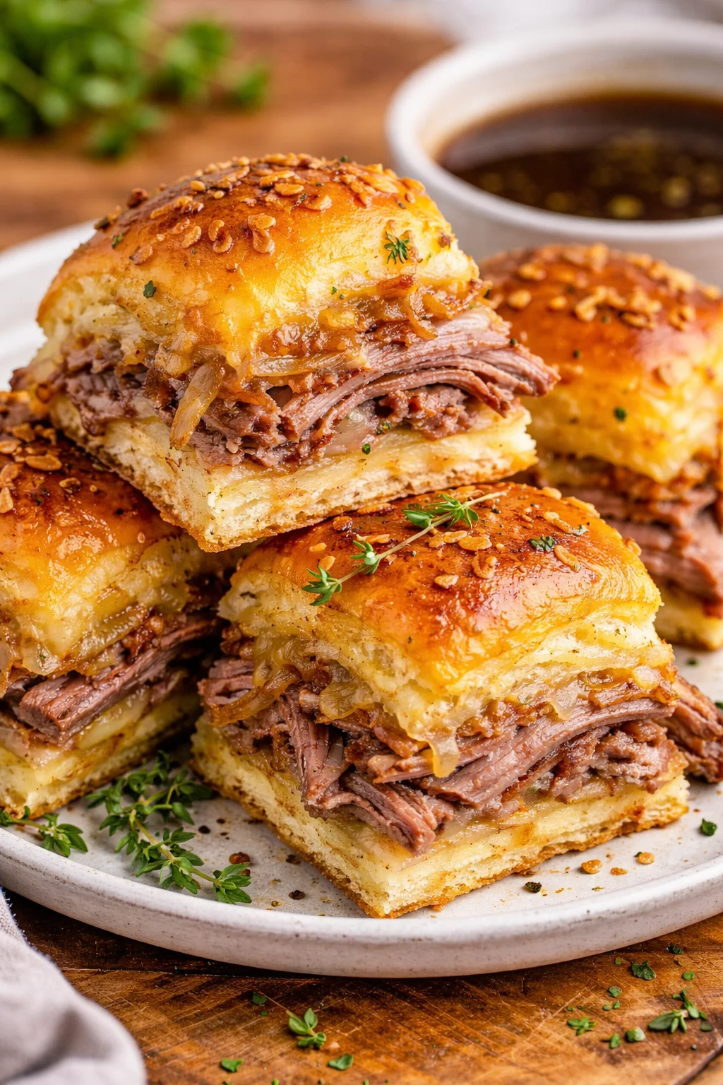 Delicious easy French Dip sliders served with au jus for dipping