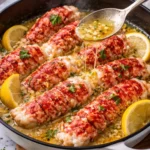 Easy garlic butter poached lobster tails served on a plate