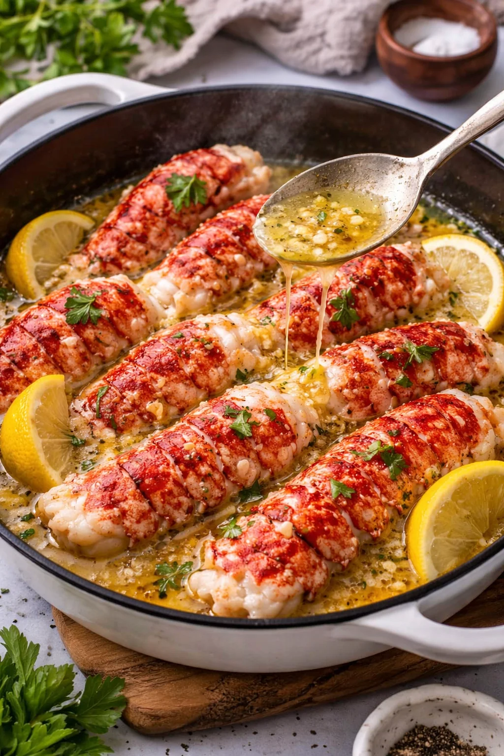 Easy garlic butter poached lobster tails served on a plate