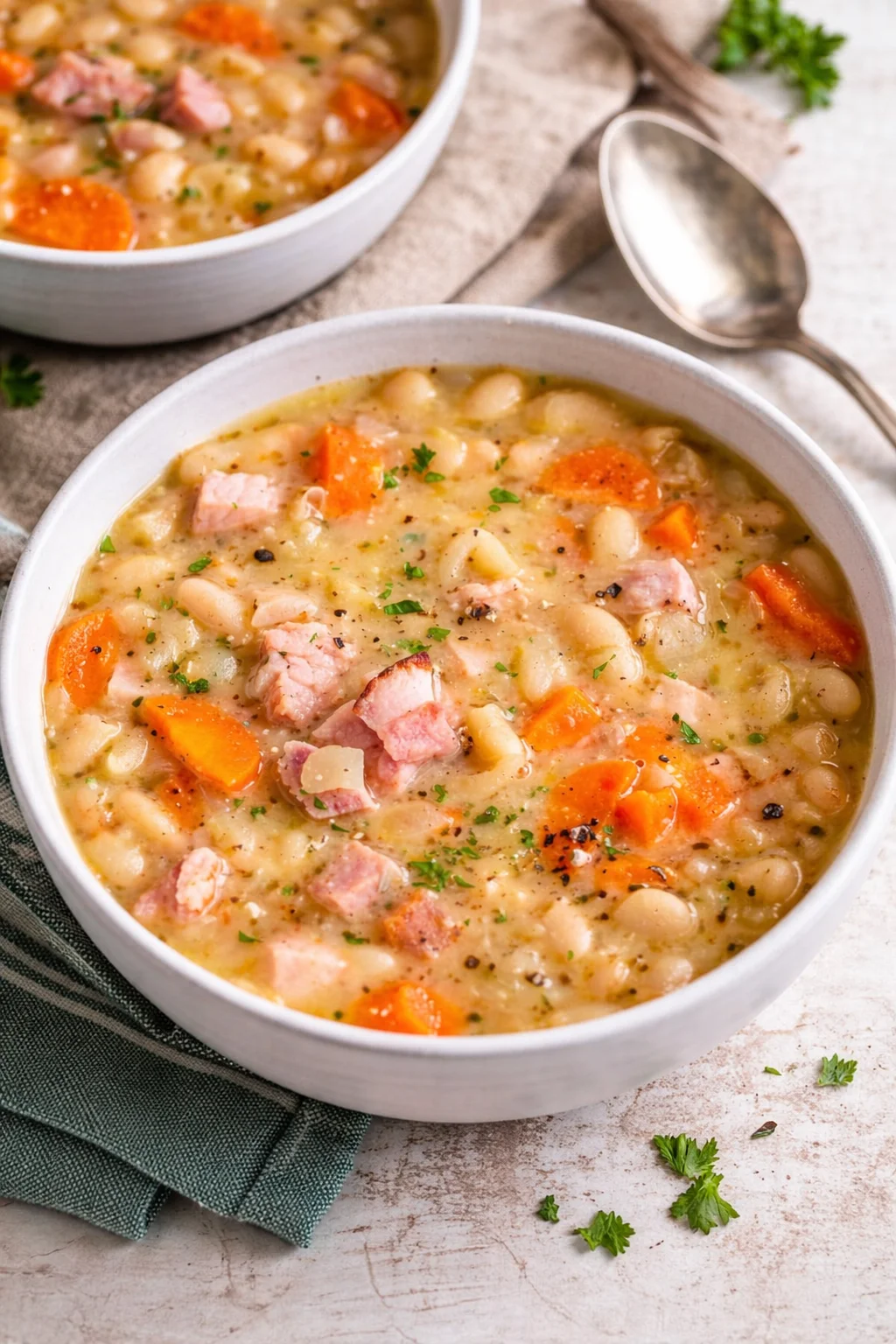 Bowl of easy ham and bean soup with herbs and bread on the side
