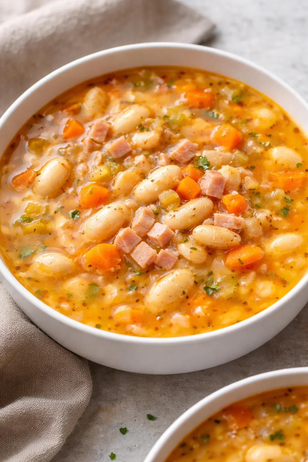 Bowl of easy ham and bean soup garnished with herbs