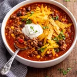 Bowl of easy taco soup with toppings, garnished and ready to serve.