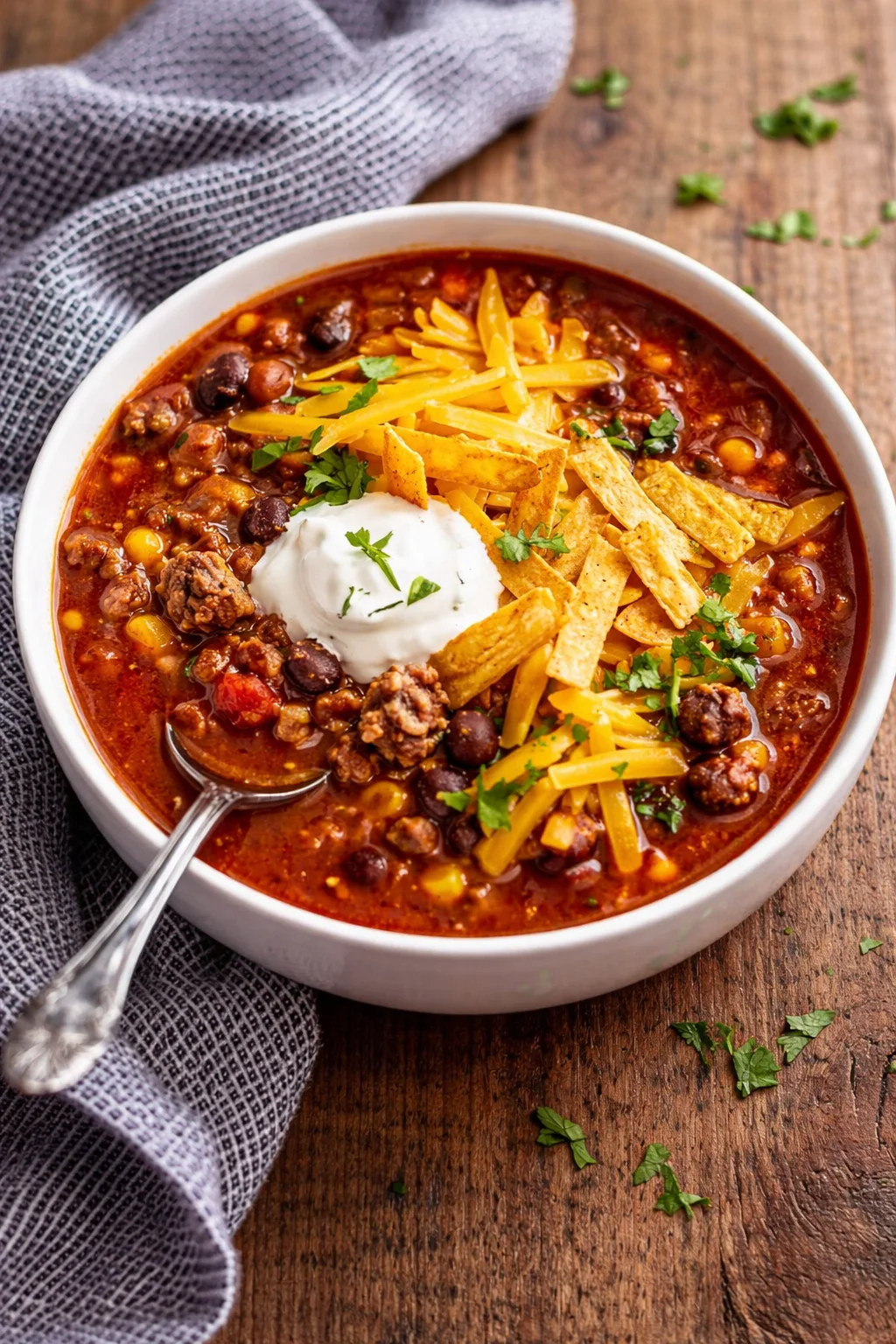 Bowl of easy taco soup with toppings, garnished and ready to serve.