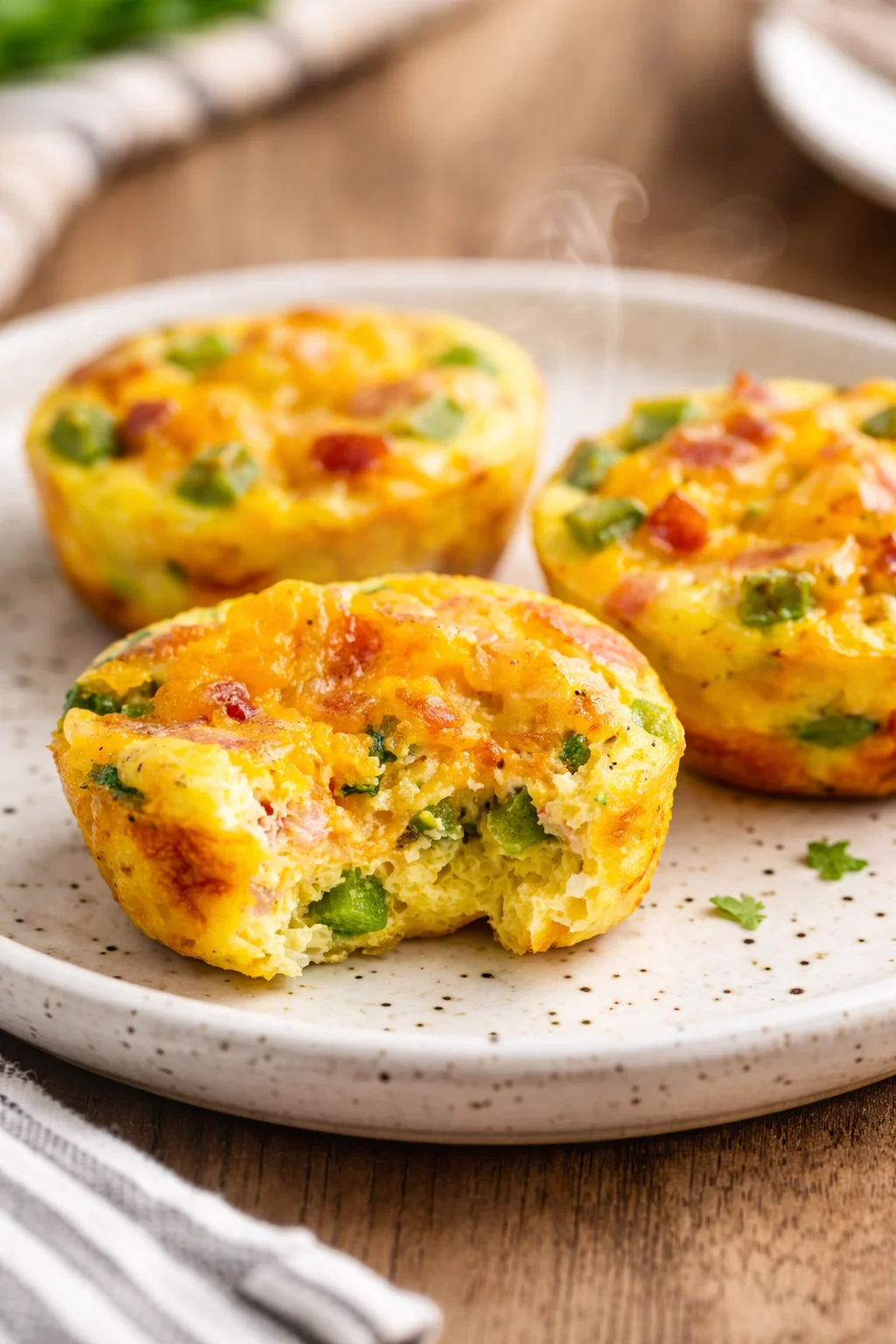 Fluffy egg bites served in a white bowl garnished with herbs