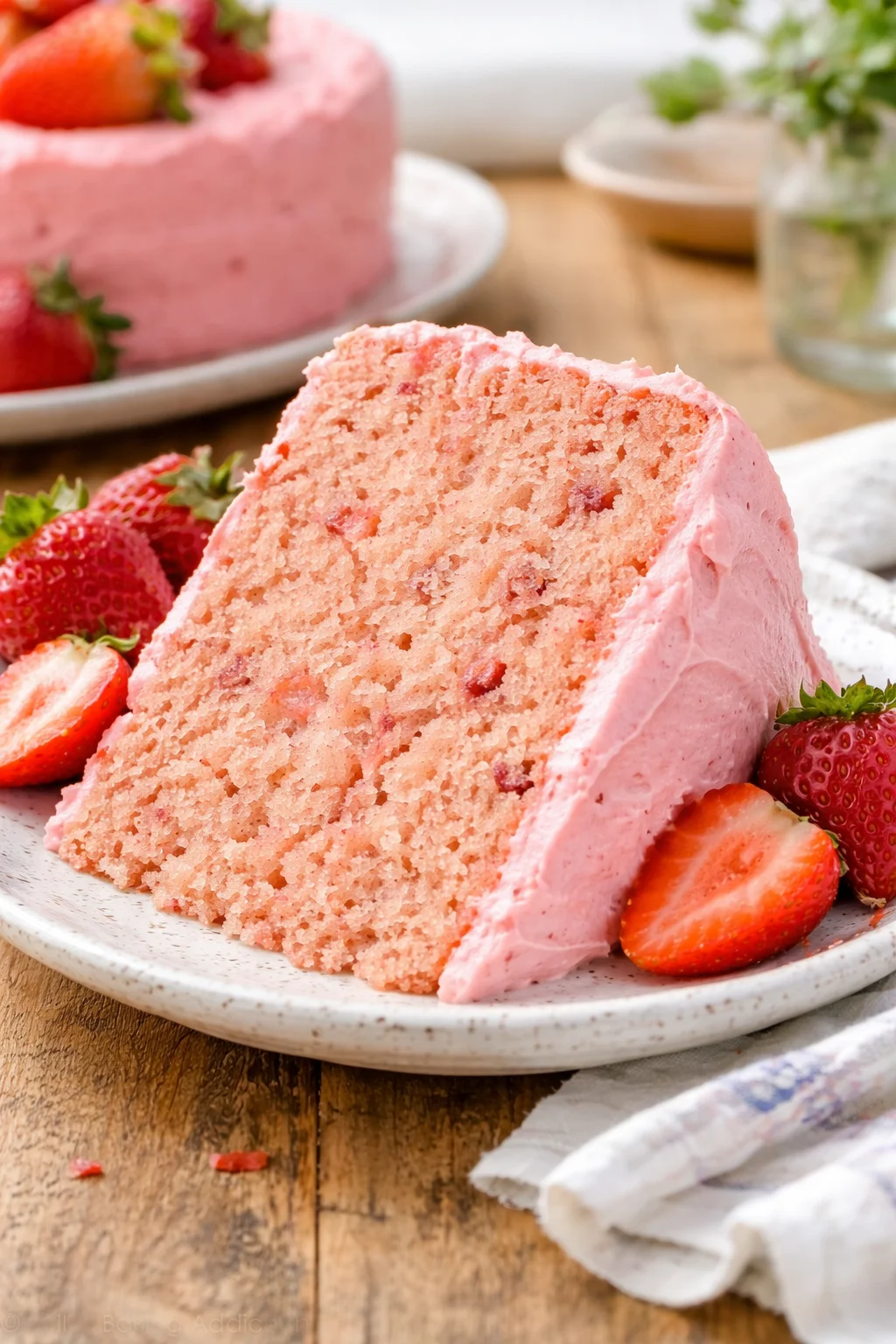 Delicious fresh strawberry cake with creamy frosting and ripe strawberries on top.
