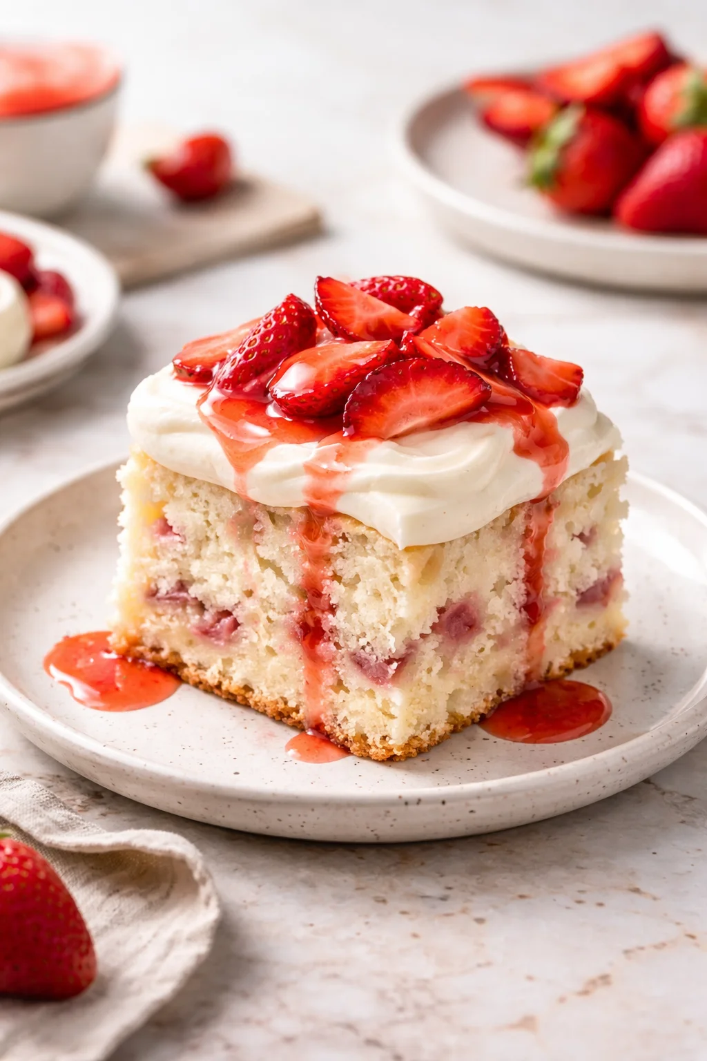 Fresh strawberry cake topped with strawberries and whipped cream