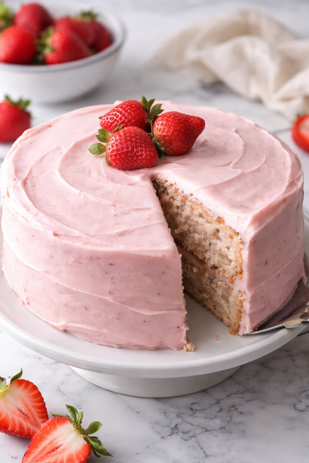 Slice of fresh strawberry cake topped with whipped cream and strawberries