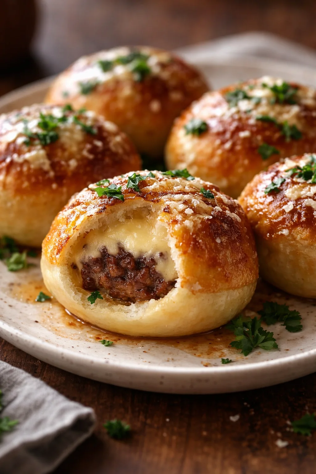 Garlic parmesan cheeseburger bombs freshly baked and served on a platter
