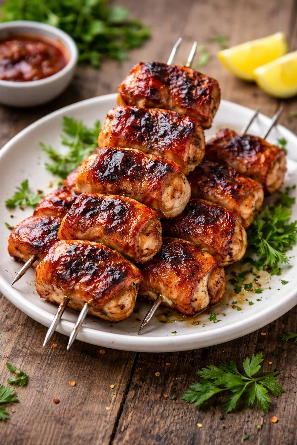 Grilled bacon wrapped chicken skewers on a platter ready to serve
