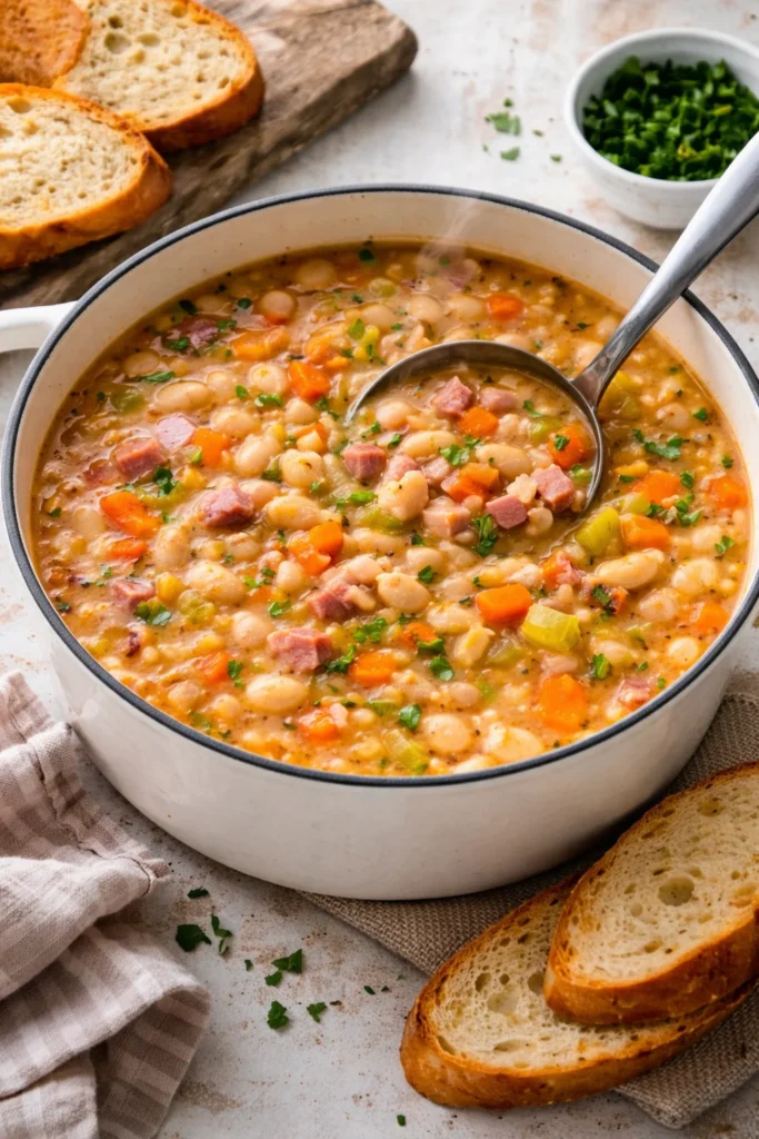 Delicious bowl of homemade Ham and Bean Soup served with fresh herbs.