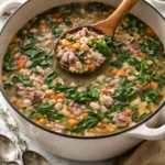 A bowl of hearty ham and bean soup garnished with fresh herbs.