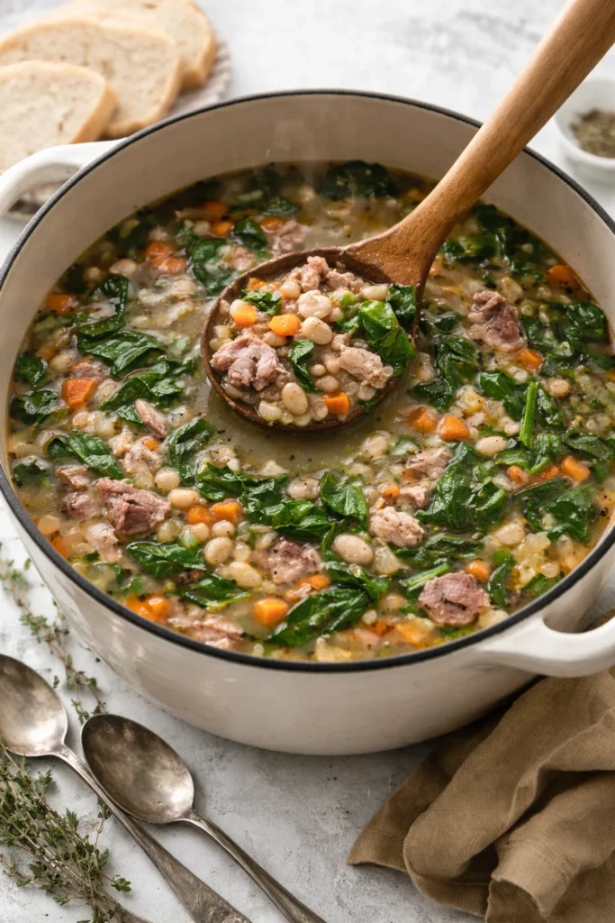 A bowl of hearty ham and bean soup garnished with fresh herbs.