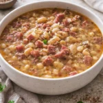 Delicious bowl of ham and bean soup garnished with herbs and served hot.