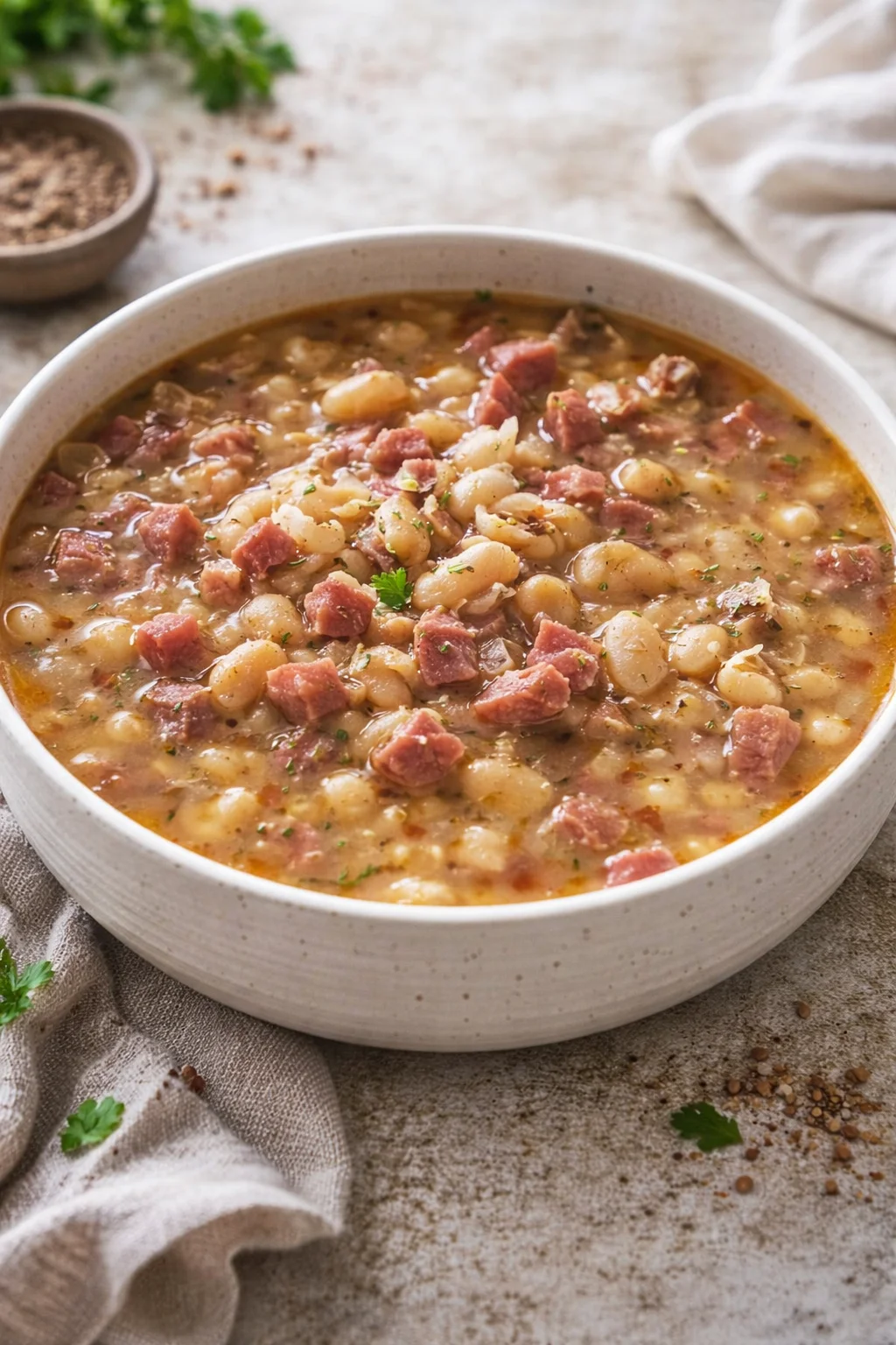 Delicious bowl of ham and bean soup garnished with herbs and served hot.