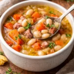 A bowl of hearty ham and bean soup garnished with parsley and fresh bread.