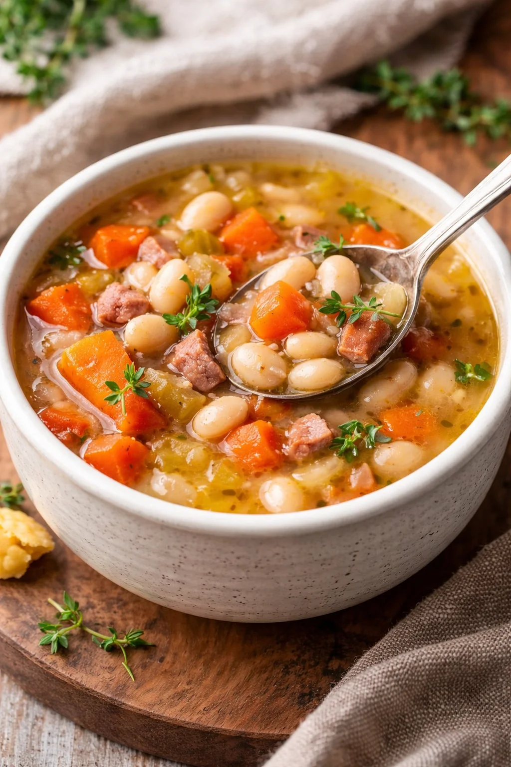 A bowl of hearty ham and bean soup garnished with parsley and fresh bread.