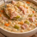 Delicious bowl of homemade Ham and Bean Soup, topped with fresh herbs.
