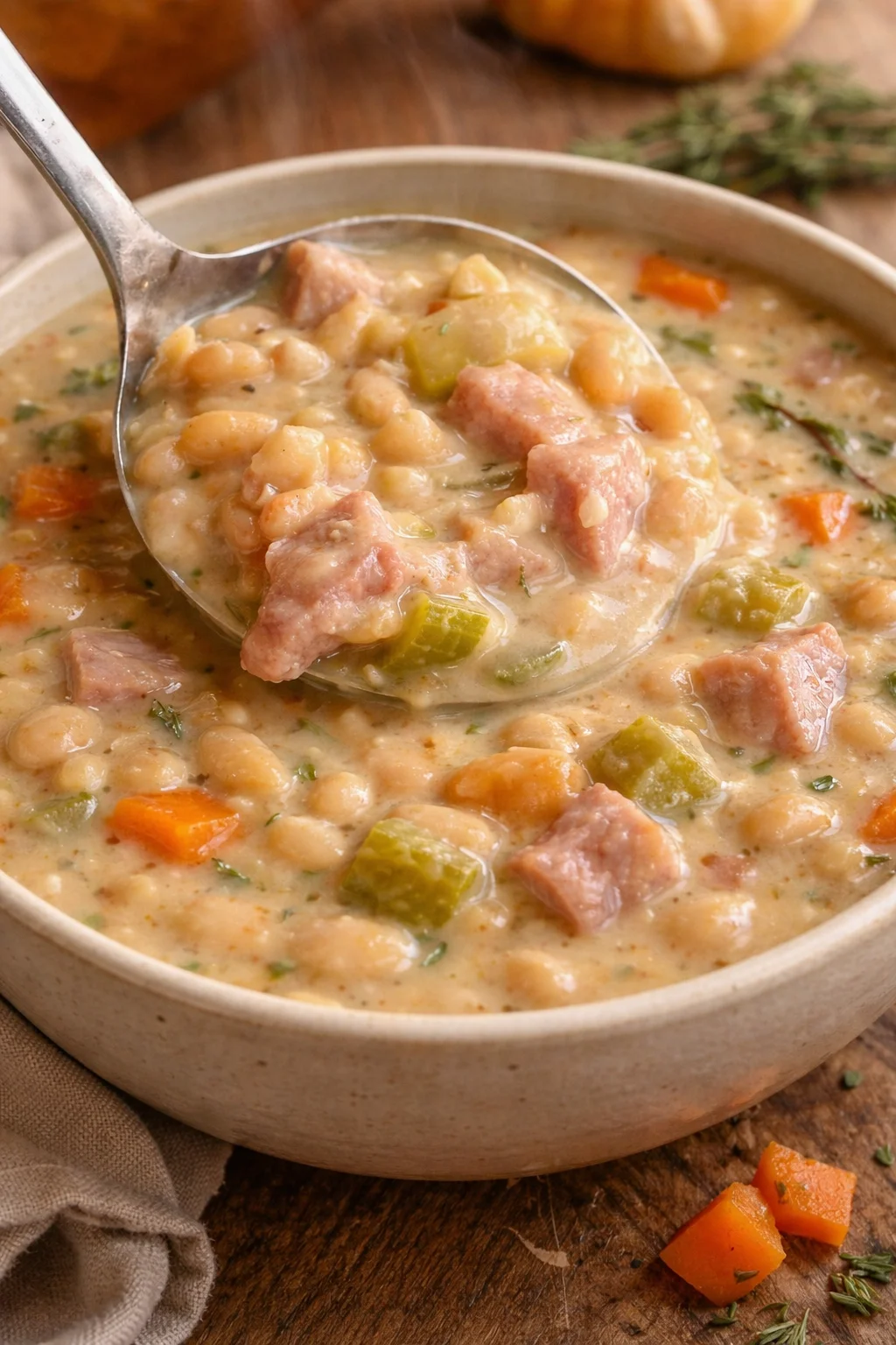 Delicious bowl of homemade Ham and Bean Soup, topped with fresh herbs.