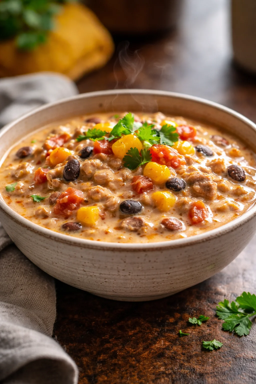 Bowl of high protein creamy taco soup garnished with cilantro