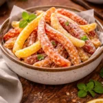 Homemade candied orange peel in a glass jar