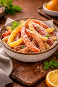 Homemade candied orange peel in a glass jar