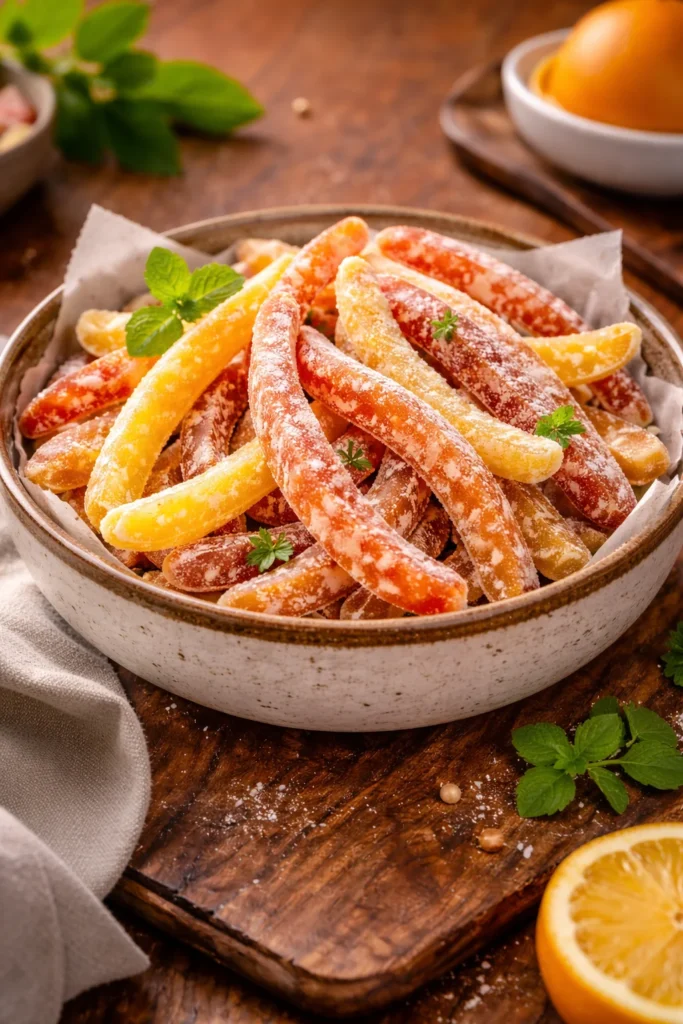 Homemade candied orange peel in a glass jar