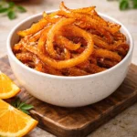 Homemade candied orange peels on a plate for a sweet treat.