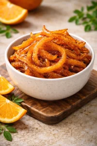 Homemade candied orange peels on a plate for a sweet treat.