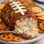 Jalapeno Popper Football Cheese Ball served on a platter with tortilla chips.