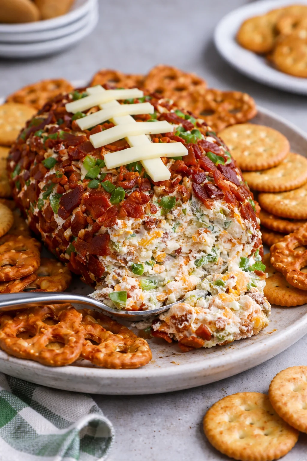 Jalapeno Popper Football Cheese Ball served on a platter with tortilla chips.