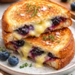 Juicy blueberry grilled cheese sandwich with melted cheese and fresh blueberries