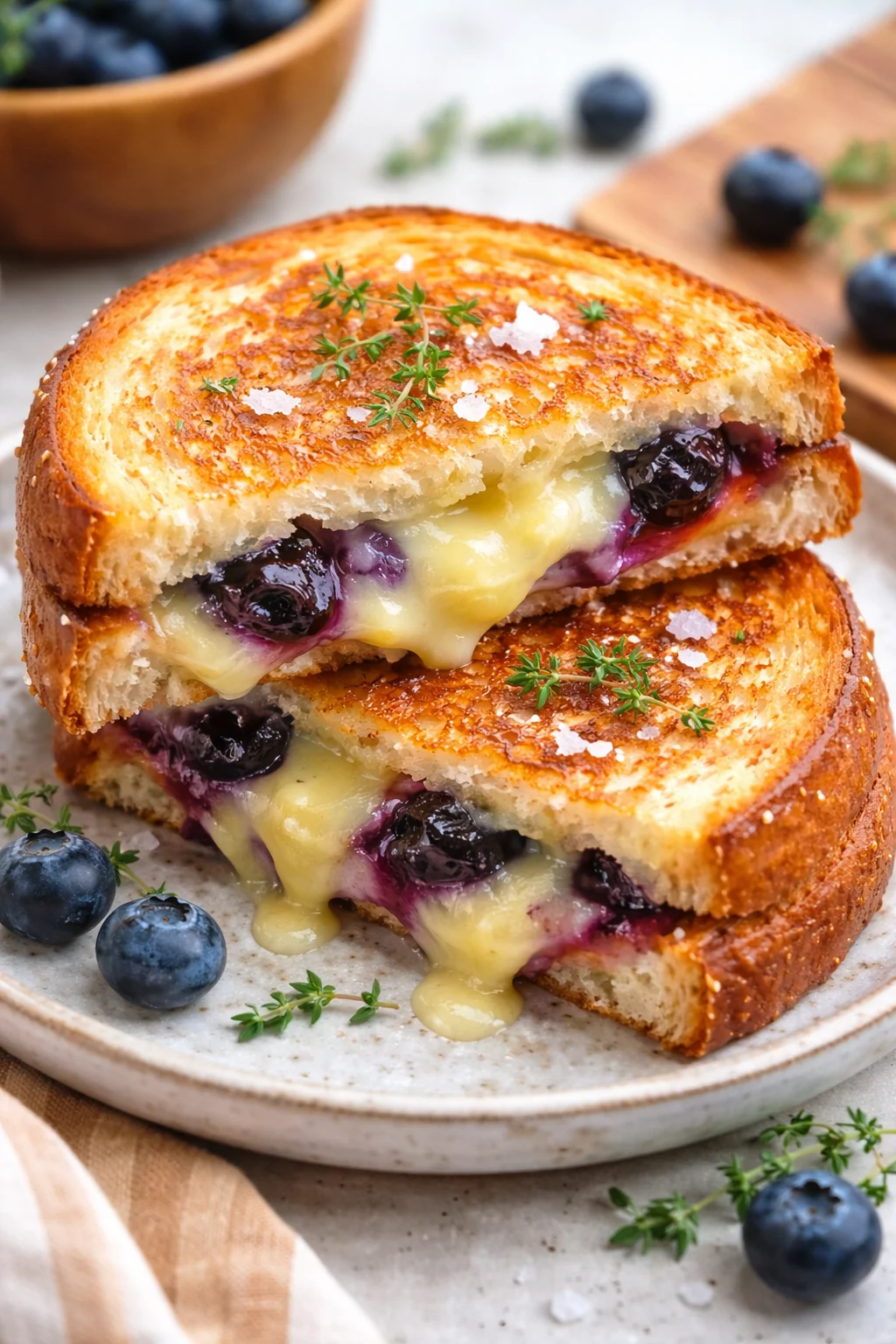 Juicy blueberry grilled cheese sandwich with melted cheese and fresh blueberries