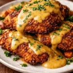 Pretzel Chicken served with a creamy Mustard Cheddar Sauce