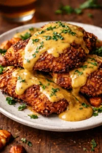 Pretzel Chicken served with a creamy Mustard Cheddar Sauce