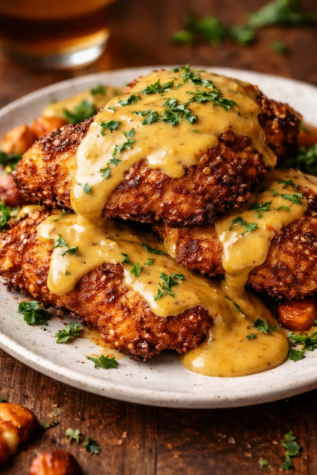 Pretzel Chicken served with a creamy Mustard Cheddar Sauce