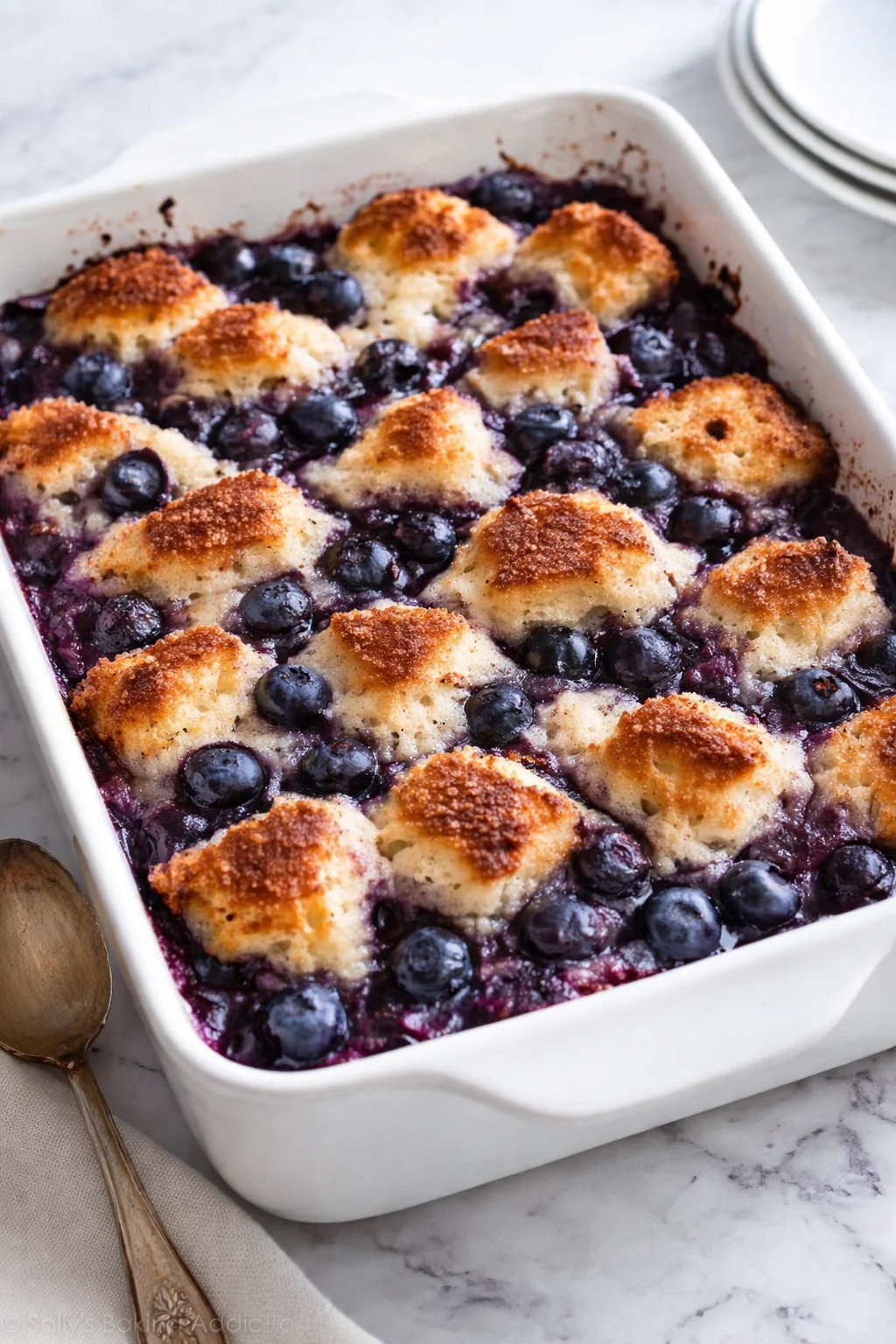 Quick Blueberry French Toast Casserole ready to serve