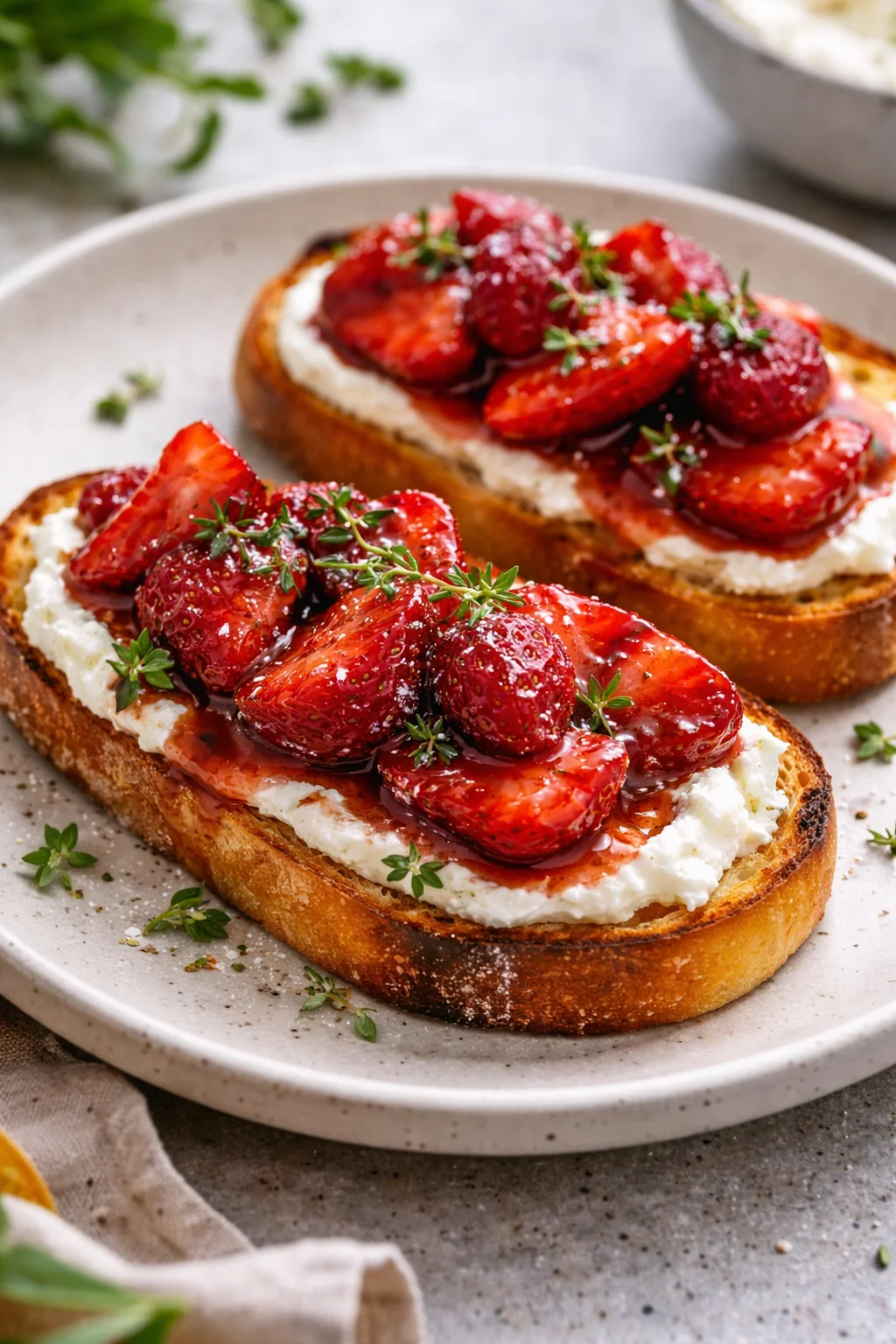 Roasted strawberry and whipped ricotta spread on toasted bread