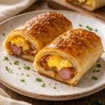 Savory sausage egg breakfast roll-ups on a plate, perfect for a quick meal.