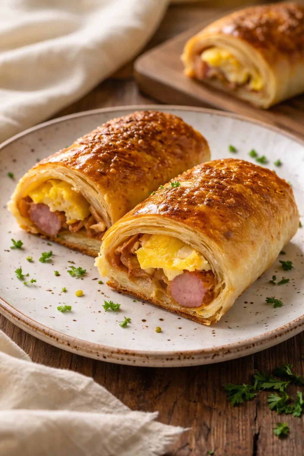 Savory sausage egg breakfast roll-ups on a plate, perfect for a quick meal.