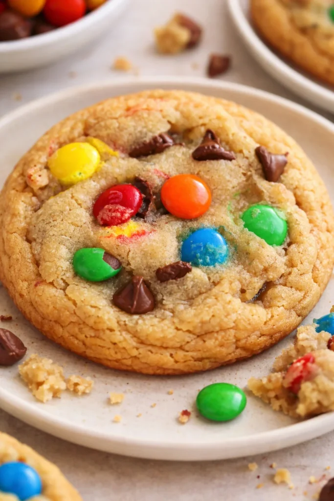 Delicious soft and chewy M&M cookies on a plate, fresh out of the oven.