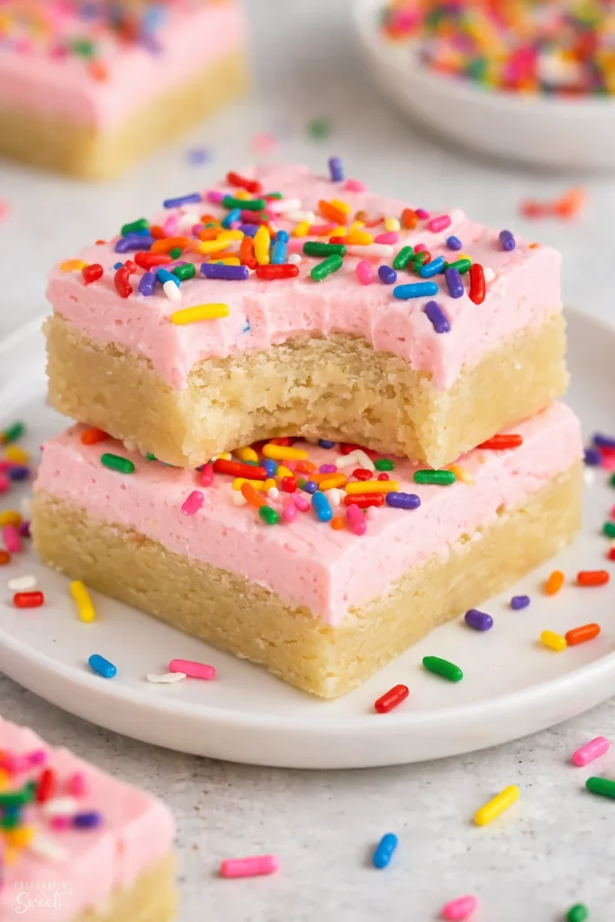 Delicious soft and chewy sugar cookie bars topped with sprinkles