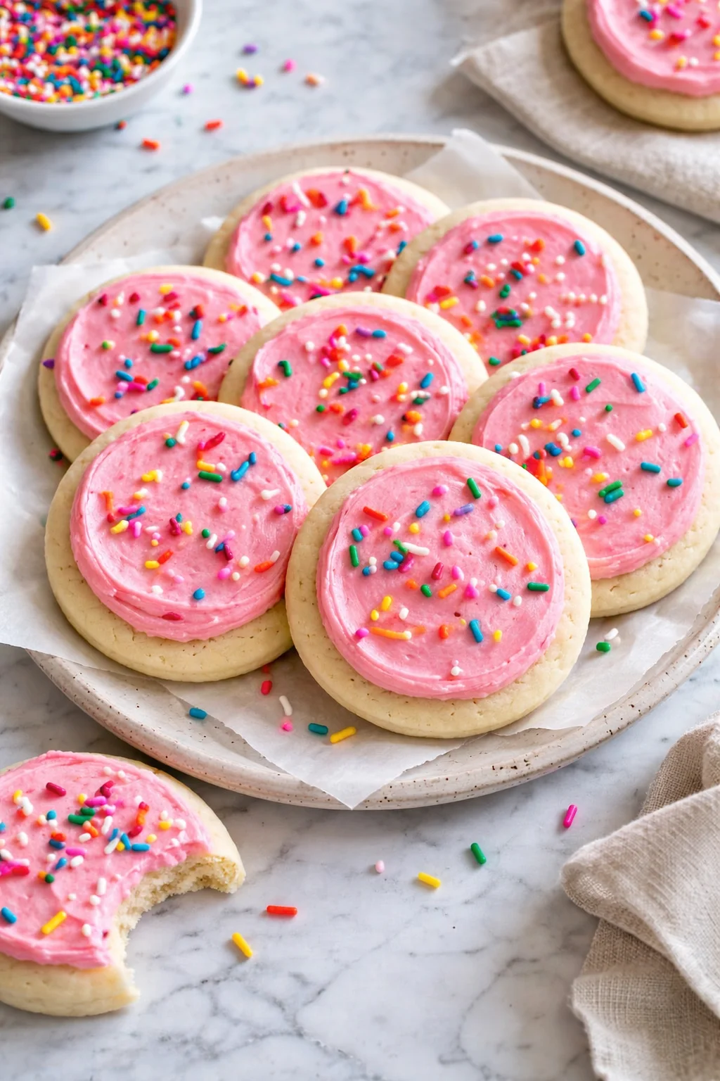 Delicious soft frosted sugar cookies with colorful icing