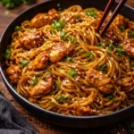 Sticky Garlic Chicken Noodles dish with tender chicken and vibrant noodles