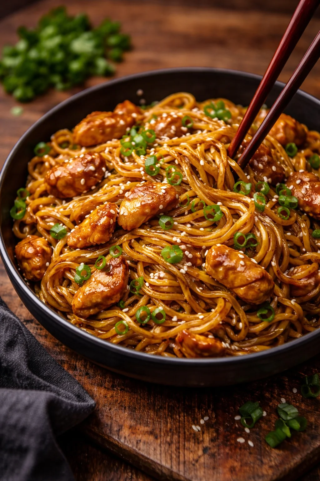 Sticky Garlic Chicken Noodles dish with tender chicken and vibrant noodles