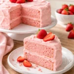 Delicious strawberry cake topped with fresh strawberries and whipped cream.