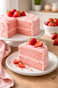 Delicious strawberry cake topped with fresh strawberries and whipped cream.